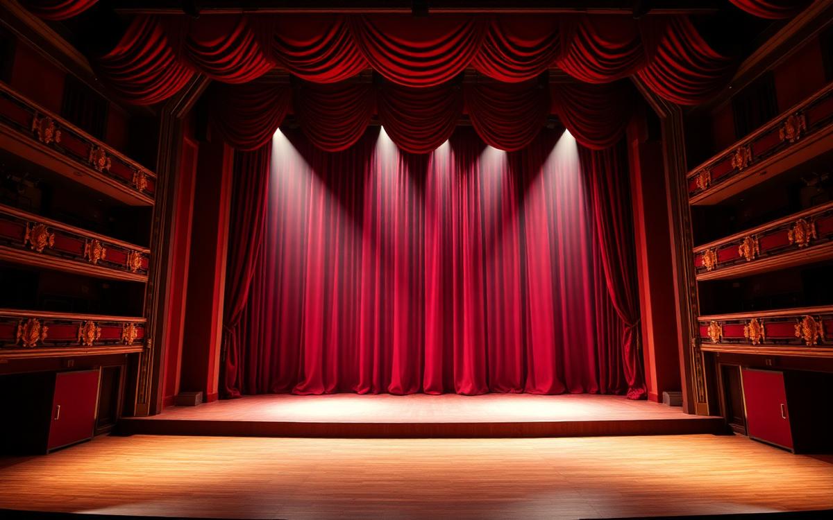 Scène d'opéra avec rideau rouge et projecteurs
