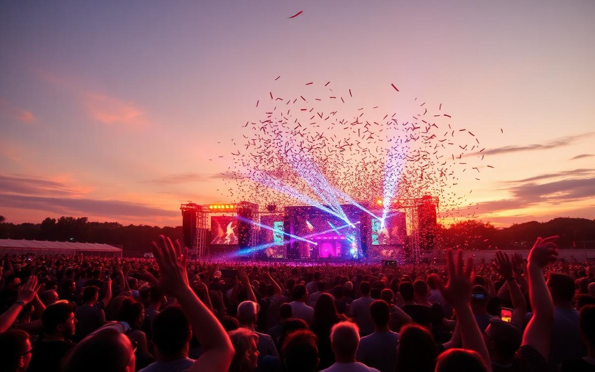 Foule d'un festival de musique au coucher du soleil