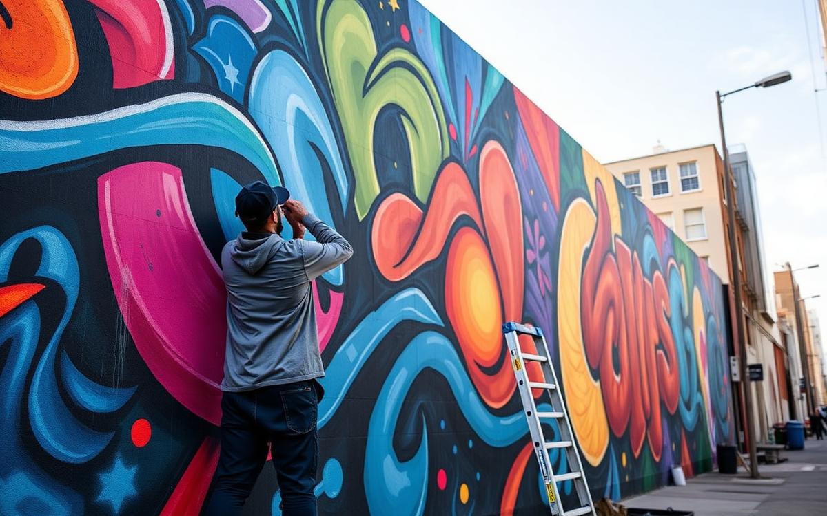 Artiste peignant une grande fresque colorée sur un mur