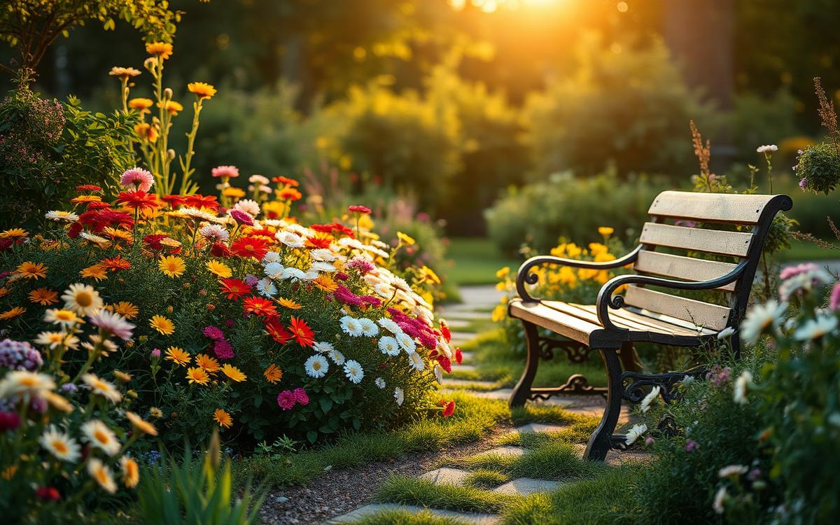 Jardin fleuri d'été avec un banc en bois au coucher du soleil