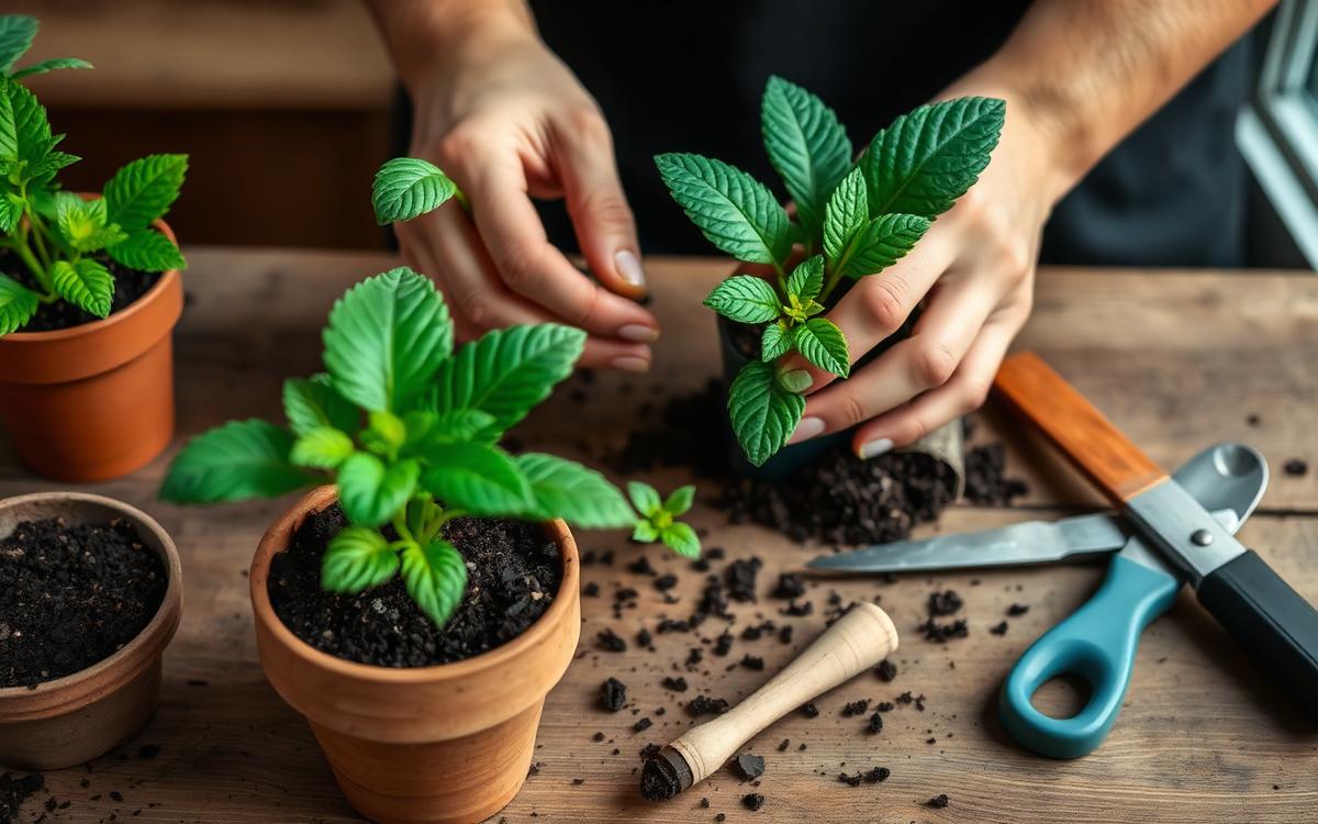 Mains rempotant des plantes d'intérieur sur une table en bois