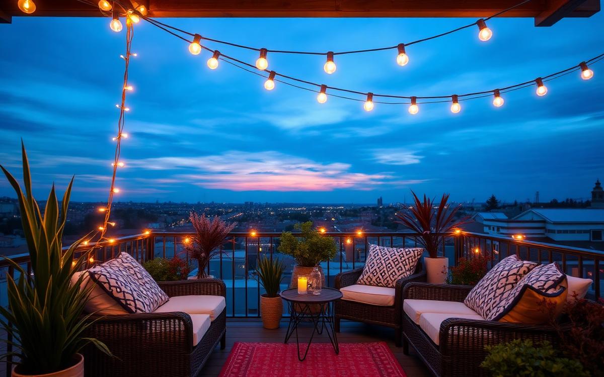 Terrasse cosy avec guirlandes lumineuses et coussins au crépuscule