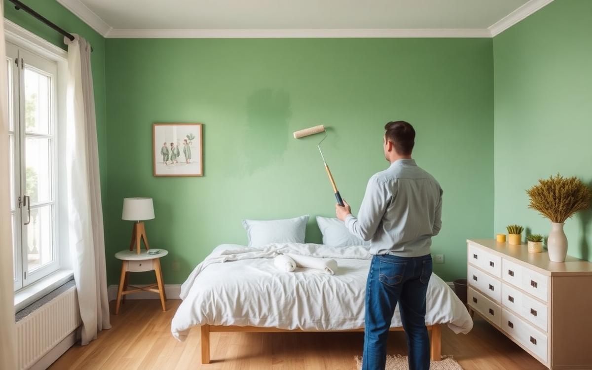 Personne peignant un mur de chambre en vert doux