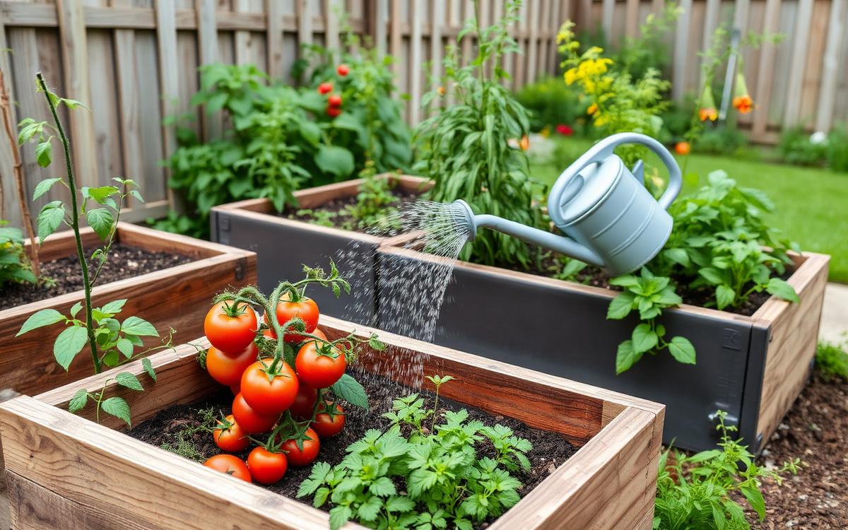 Bacs potagers surélevés avec tomates et herbes aromatiques