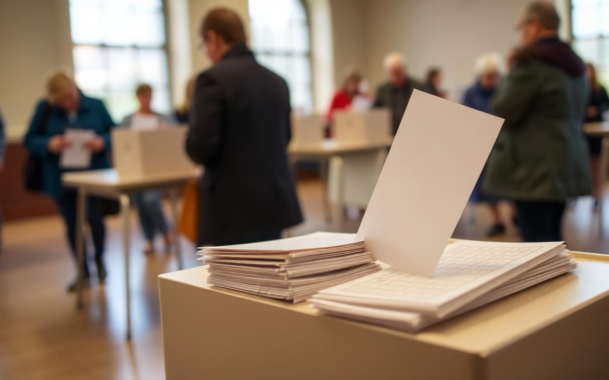 Urne électorale et bulletins dans un bureau de vote