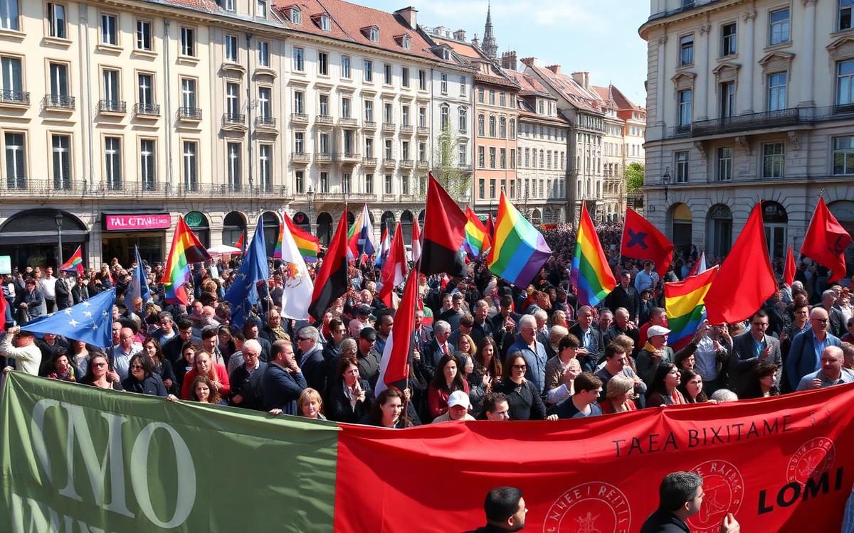 Grande manifestation avec banderoles sur une place européenne