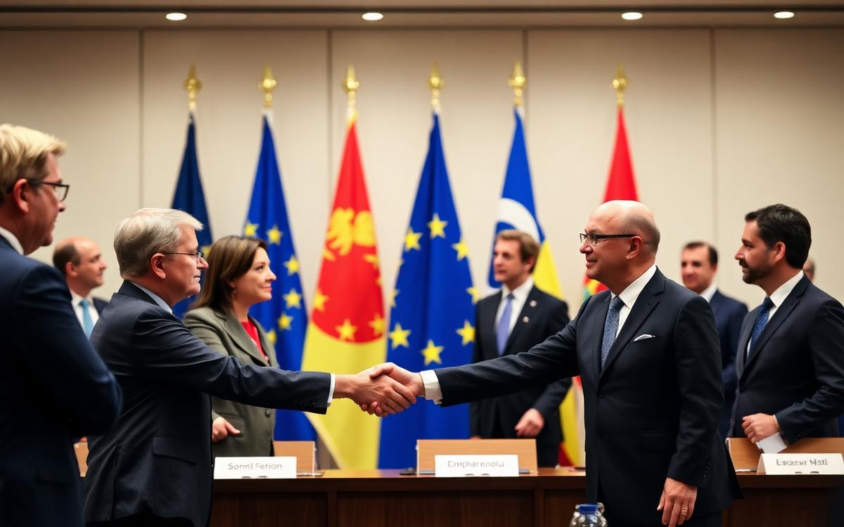 Poignée de main entre diplomates devant des drapeaux européens
