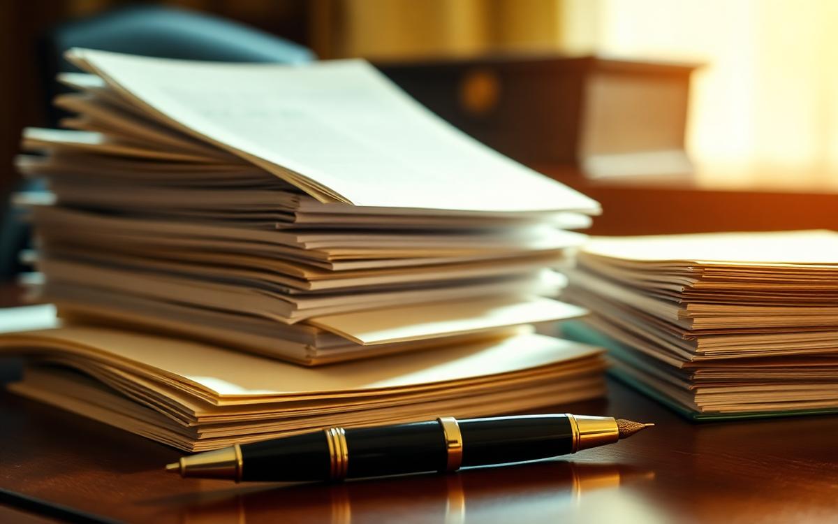 Piles de dossiers administratifs et stylo sur un bureau