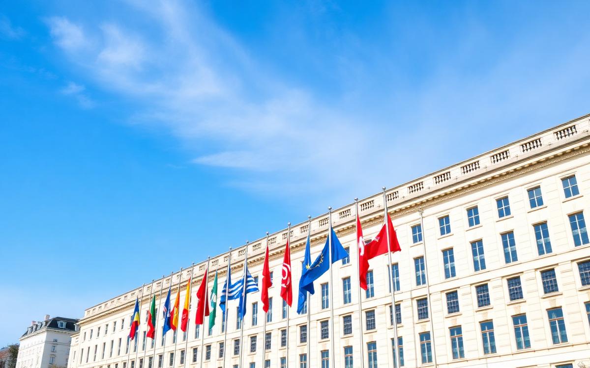 Rangée de drapeaux devant un bâtiment international à Genève