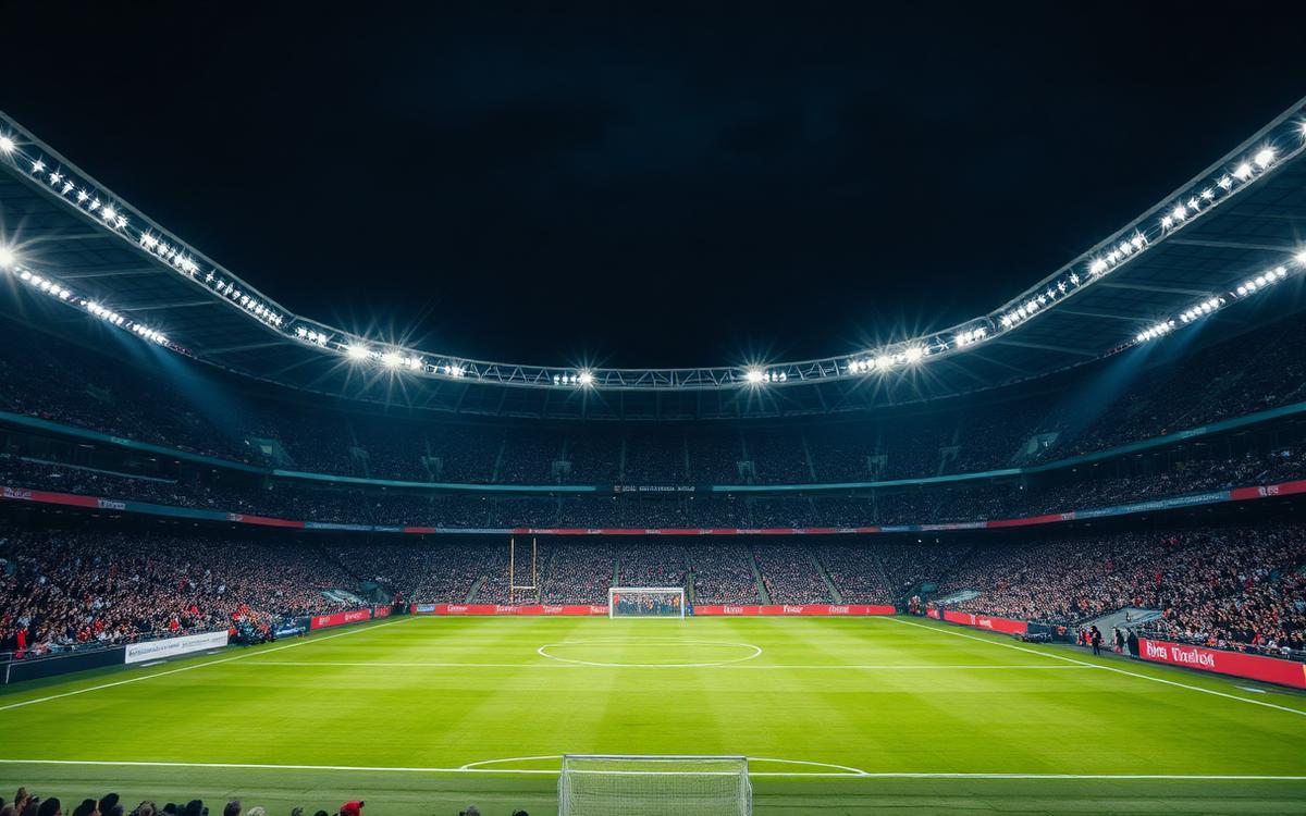 Stade de football bondé la nuit sous les projecteurs