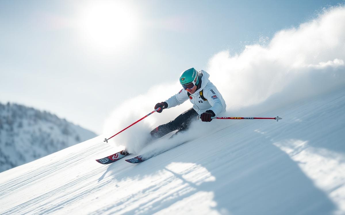 Skieur alpin en pleine descente dans la neige poudreuse