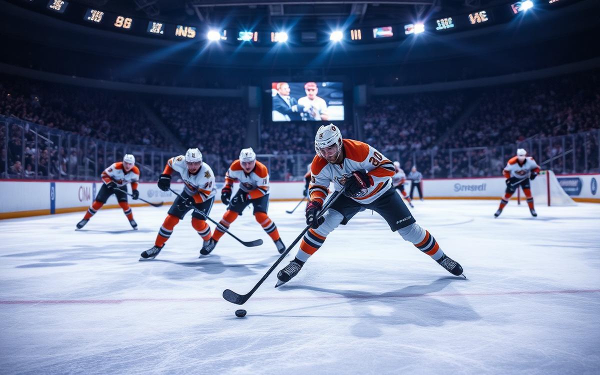 Joueurs de hockey sur glace en pleine action dans une patinoire