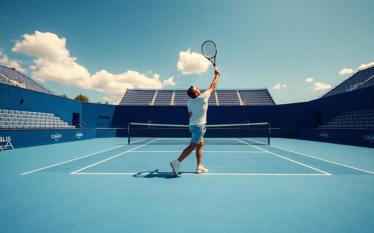 Joueuse de tennis au service sur un court en dur bleu