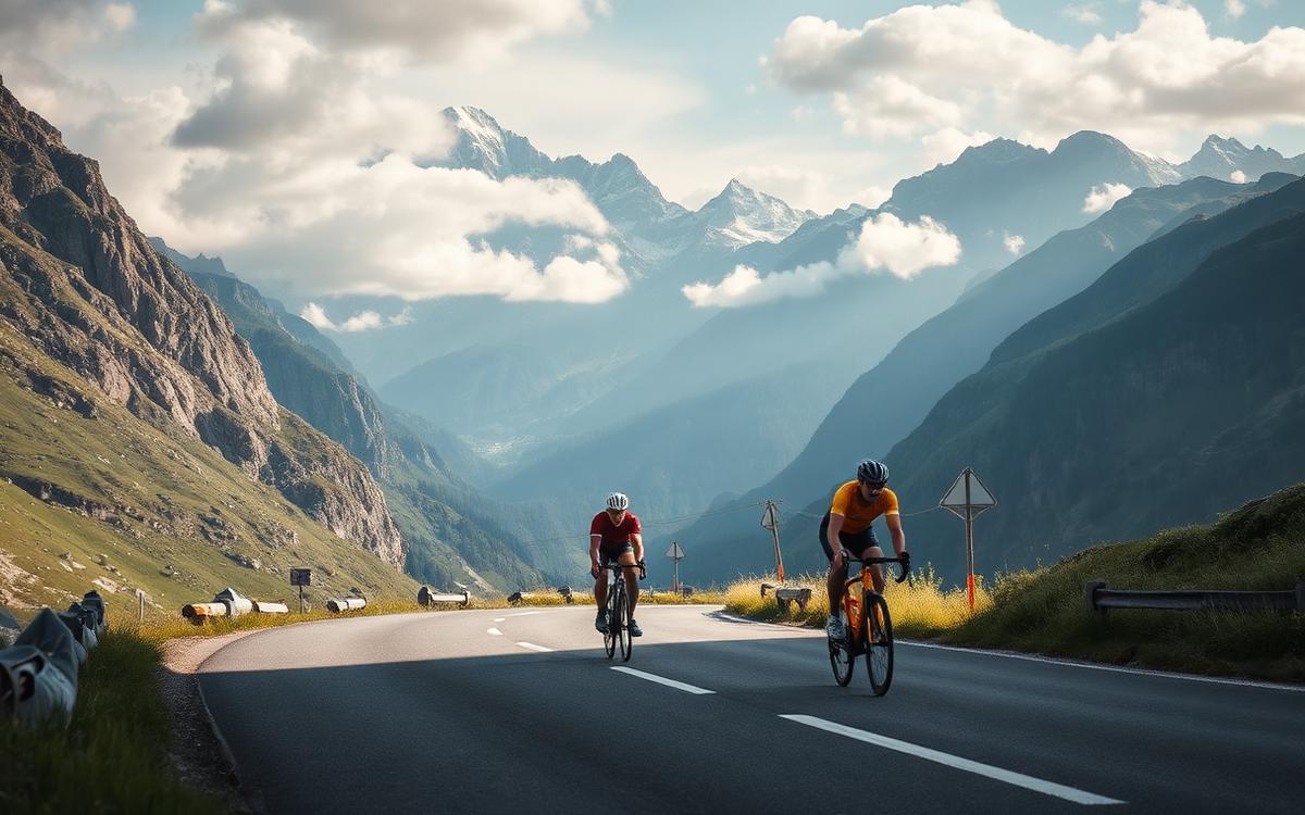 Cyclistes grimpant un col de montagne dans les Alpes