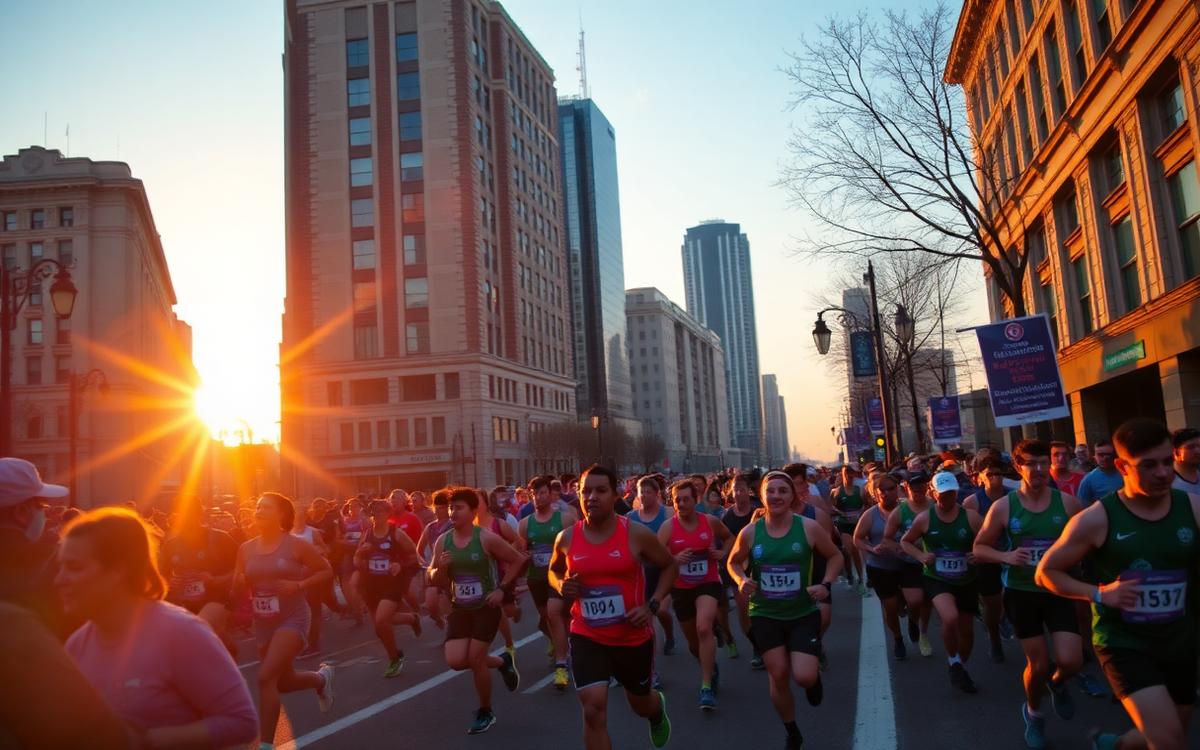 Foule de coureurs de marathon dans une rue au lever du soleil