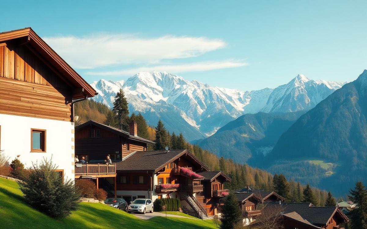Village alpin suisse avec chalets et montagnes enneigées