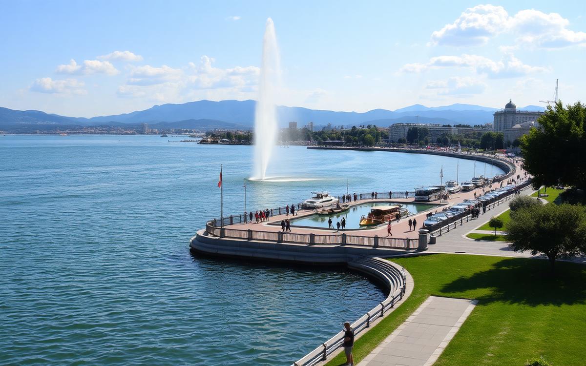 Bord du lac Léman à Genève avec le jet d'eau et la promenade