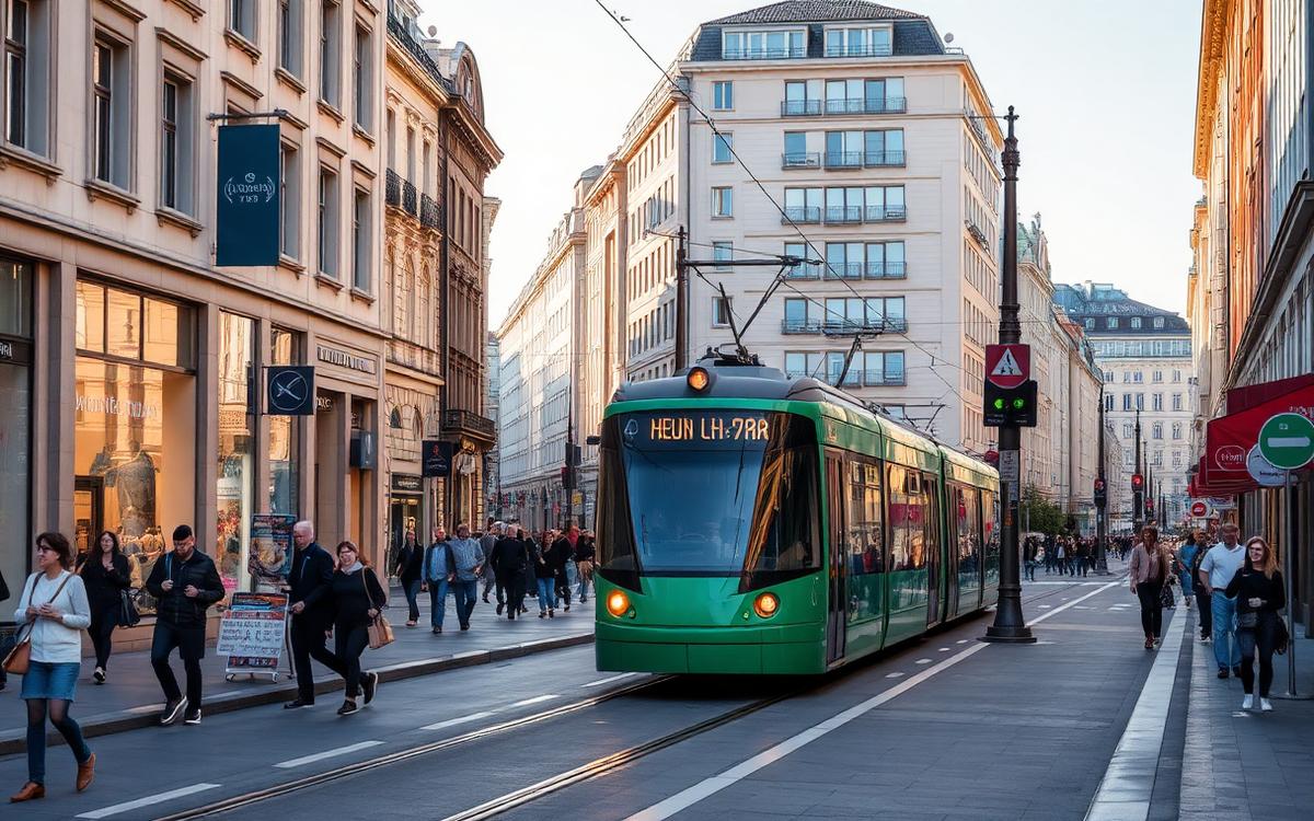 Rue commerçante animée de Zurich avec un tram vert