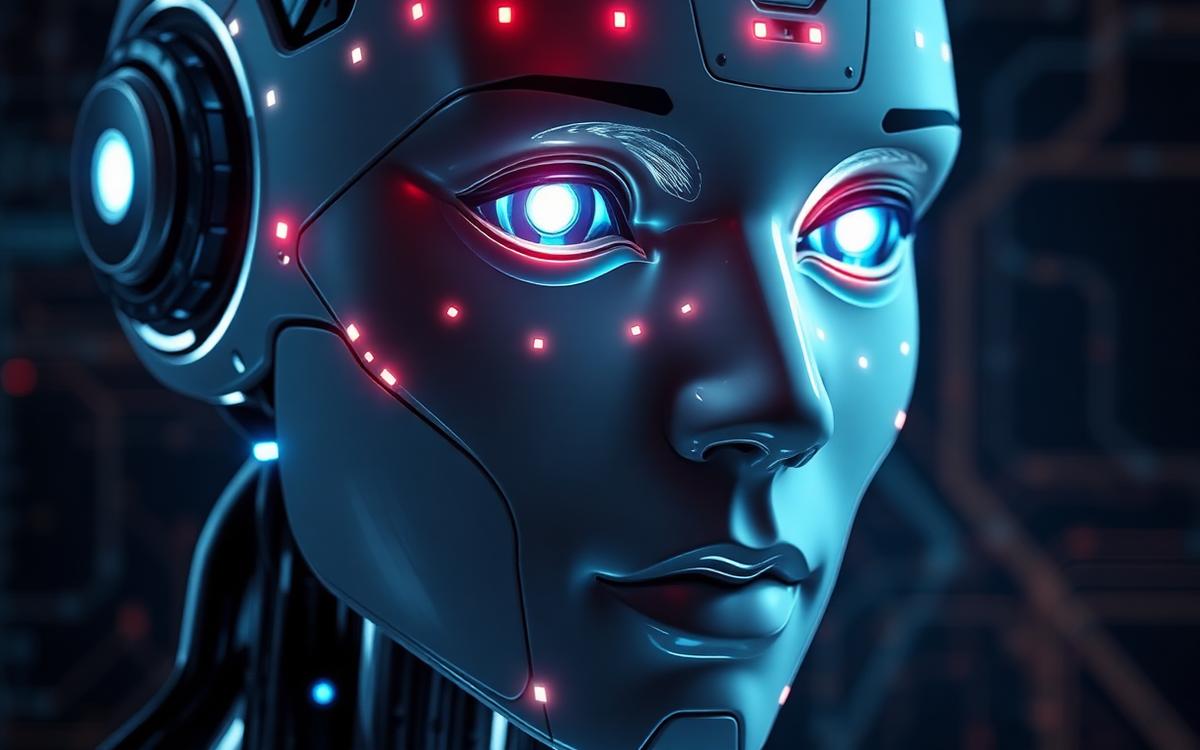 Visage de robot humanoïde avec circuits lumineux