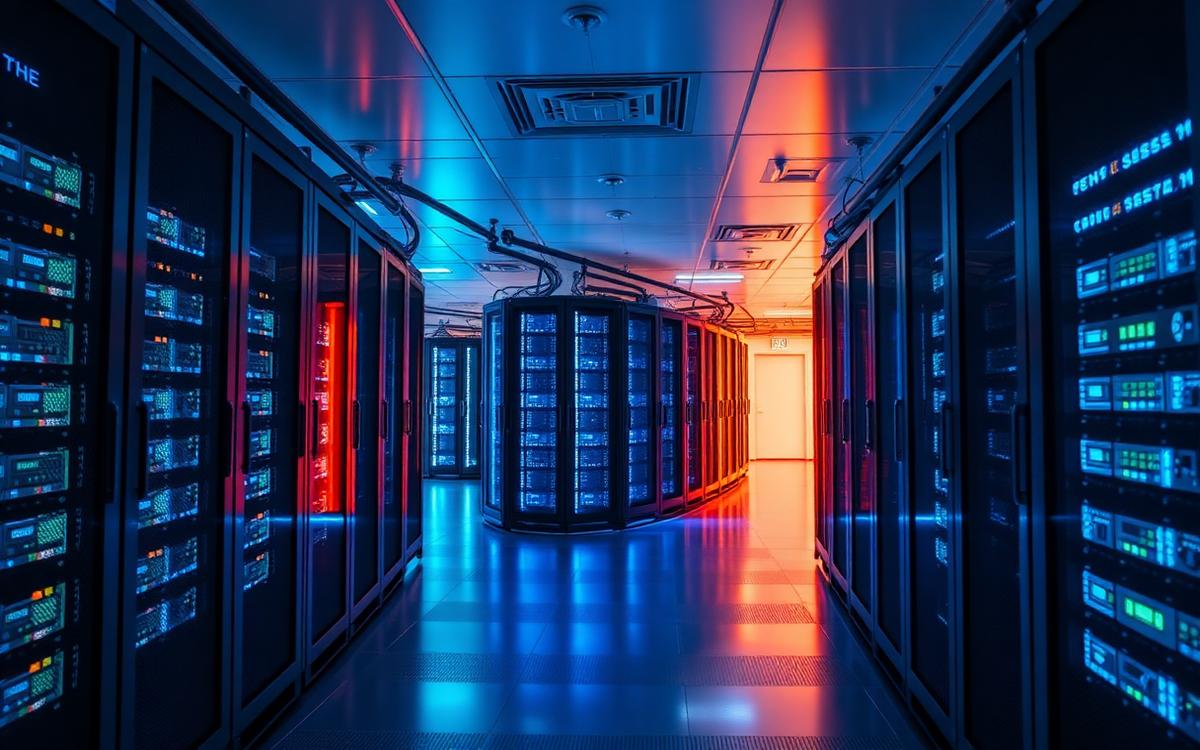 Couloir de data center avec baies de serveurs illuminées
