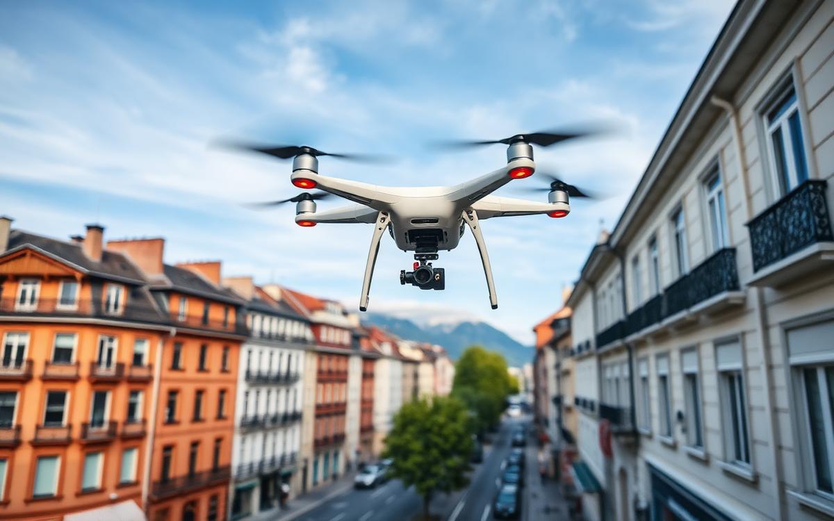 Drone de livraison survolant une rue suisse