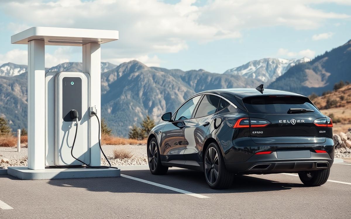 Voiture électrique en charge à une borne devant des montagnes