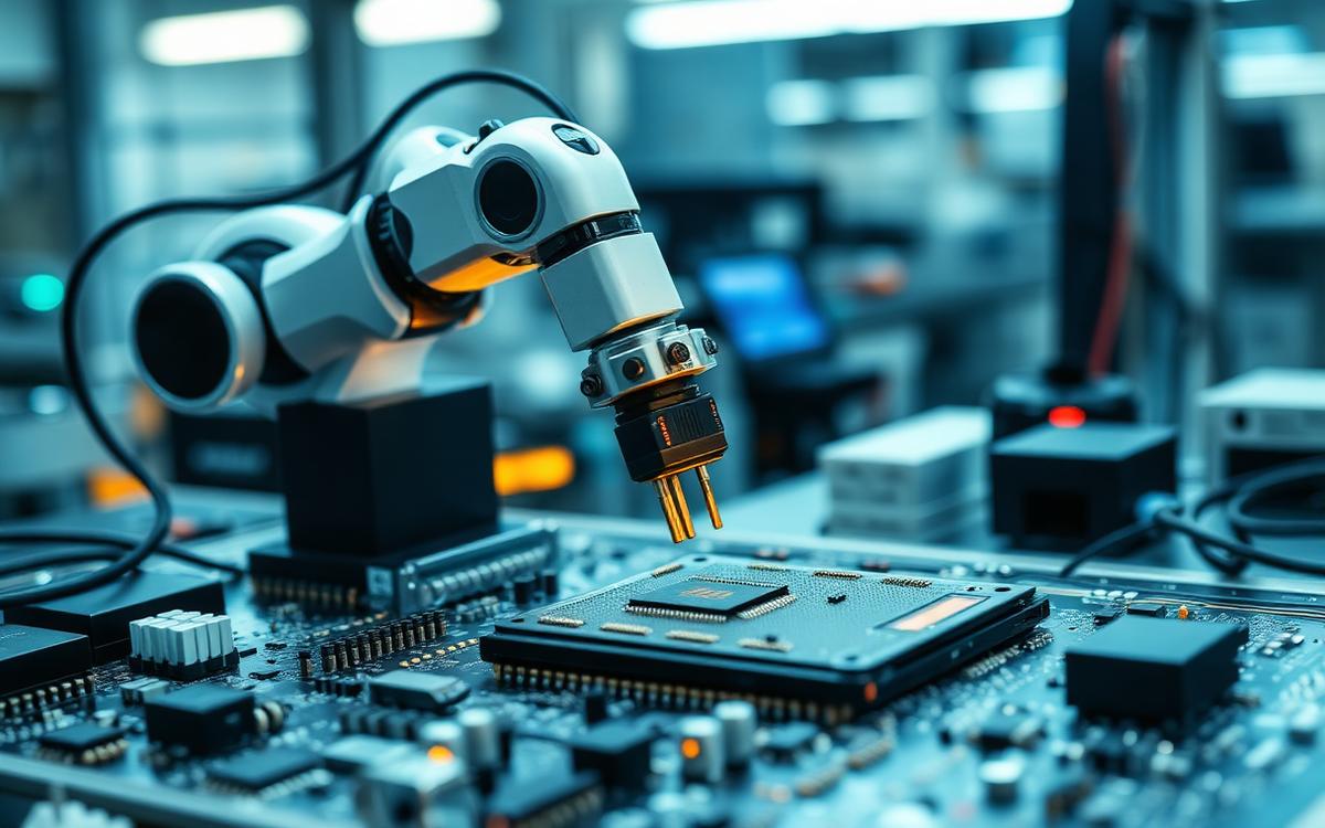 Bras robotisé assemblant des microprocesseurs en laboratoire